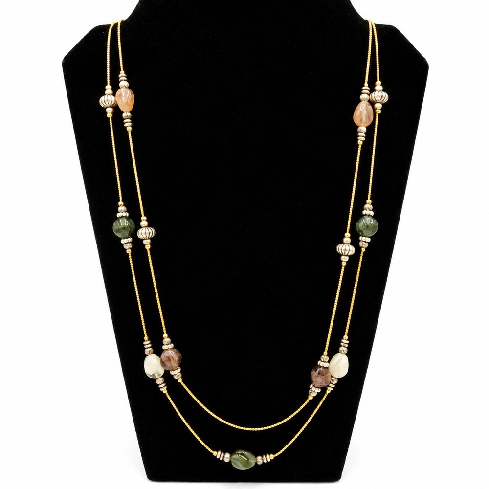 Vintage Double Strand Beaded Station Necklace Gold Tone Green Brown 37"